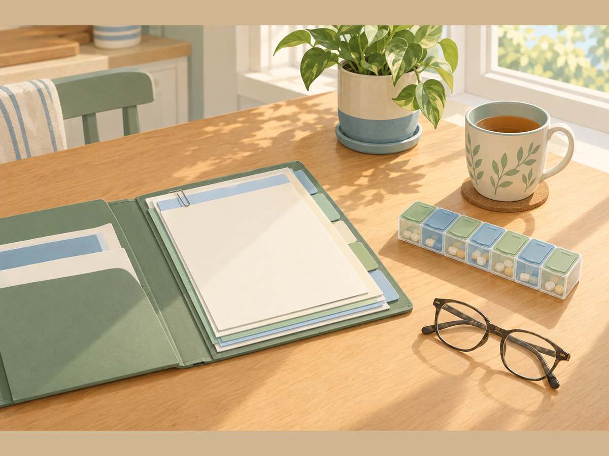 A kitchen table with an organised folder of papers, a weekly pill box, reading glasses and a cup of tea